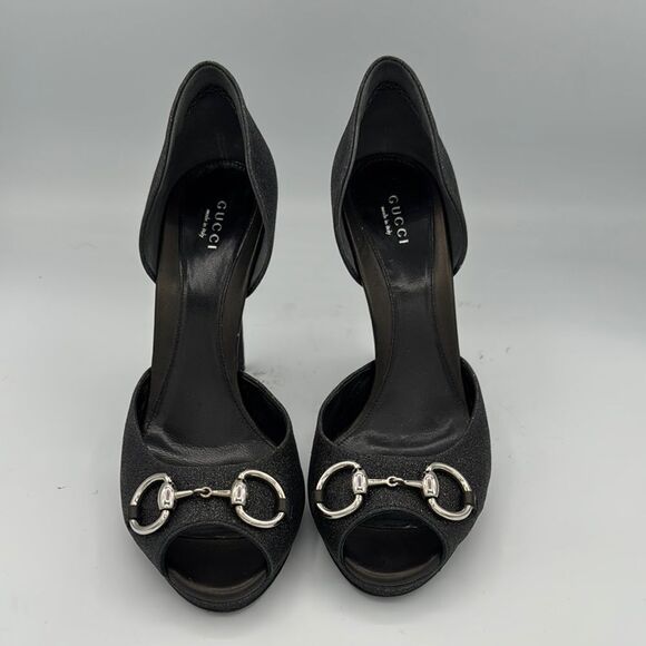 GUCCI Black Glitter Stardust Nappa Charlotte Nero Open Toe Pumps Size 38/ US 8 - Picture 2 of 12